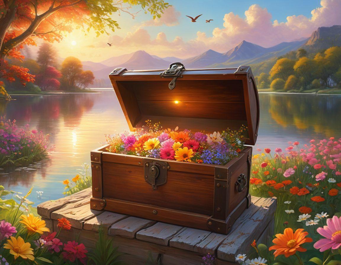 An open treasure chest overflowing with glowing gems and vibrant flowers, symbolizing joy and bliss. The background features a serene landscape with a sunrise casting warm colors across a tranquil lake. Gentle clouds float above, and birds soar freely, representing the essence of a joyful life. Include elements like soft rays of sunlight illuminating the chest's contents, inspiring positivity and hope. digital painting. vibrant colors. dreamy atmosphere.