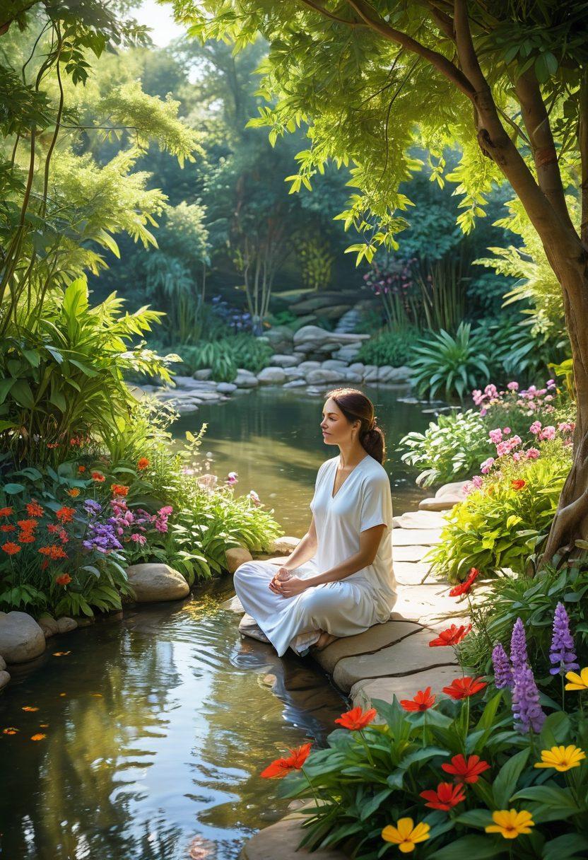 A serene garden scene filled with colorful flowers and lush greenery, depicting a person meditating with a warm smile, surrounded by butterflies and sunlight. In the background, a gentle stream flows, symbolizing tranquility and joy. The atmosphere is vibrant, evoking feelings of happiness and peace. super-realistic. vibrant colors. natural lighting.